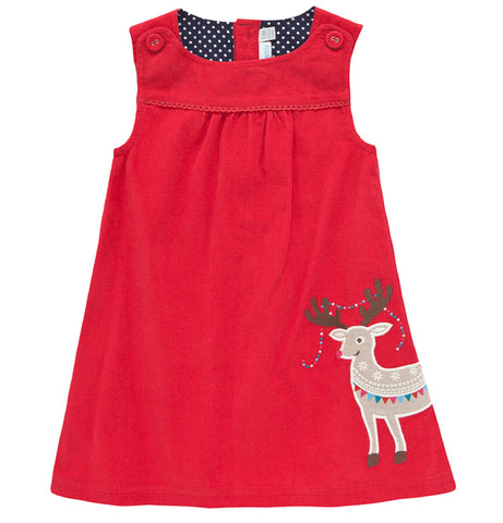 JoJo Maman Bebe Girls' Reindeer Cord Pinafore Dress