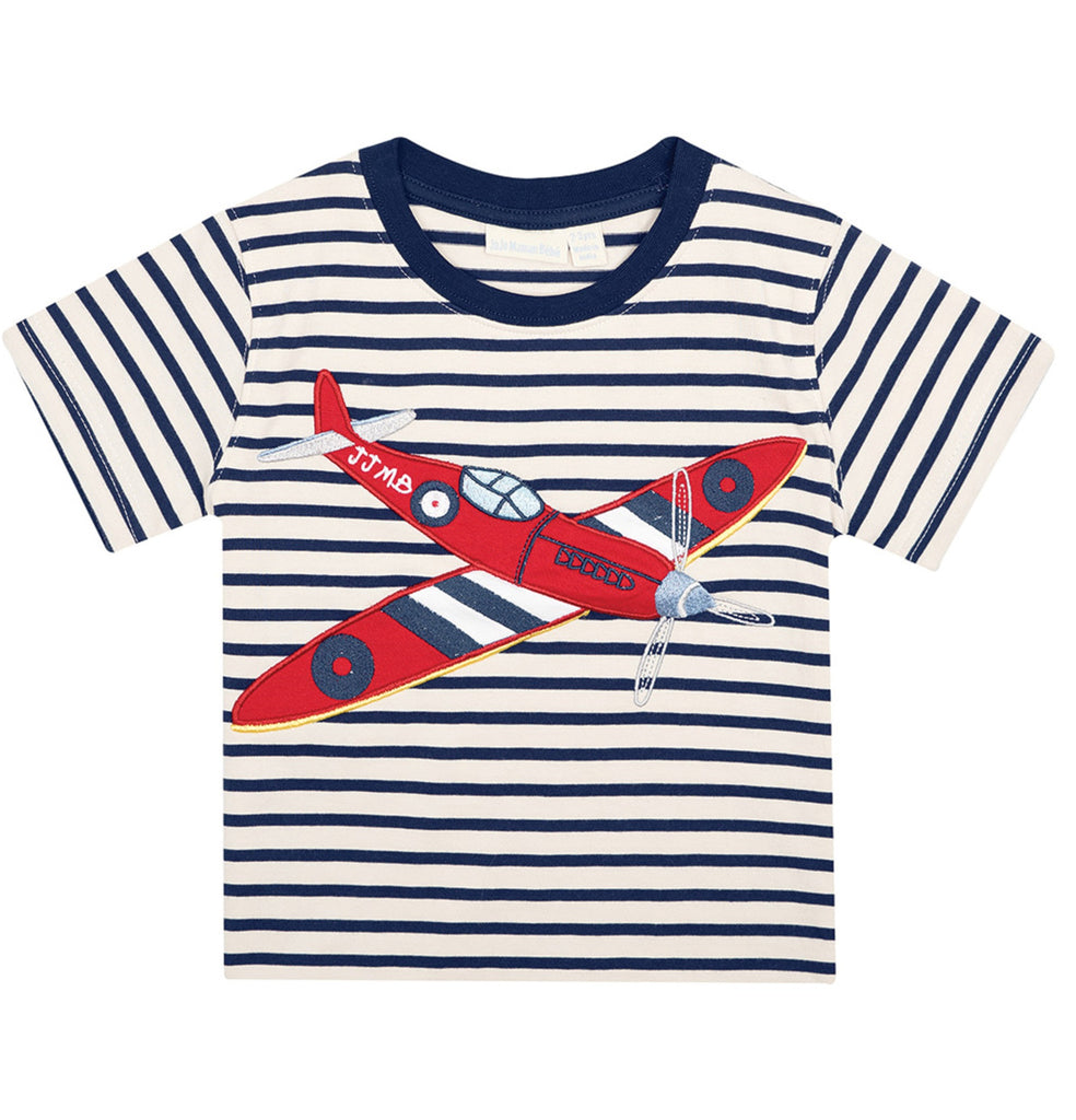 JoJo Maman Bebe Boys Spitfire Applique Striped Tee